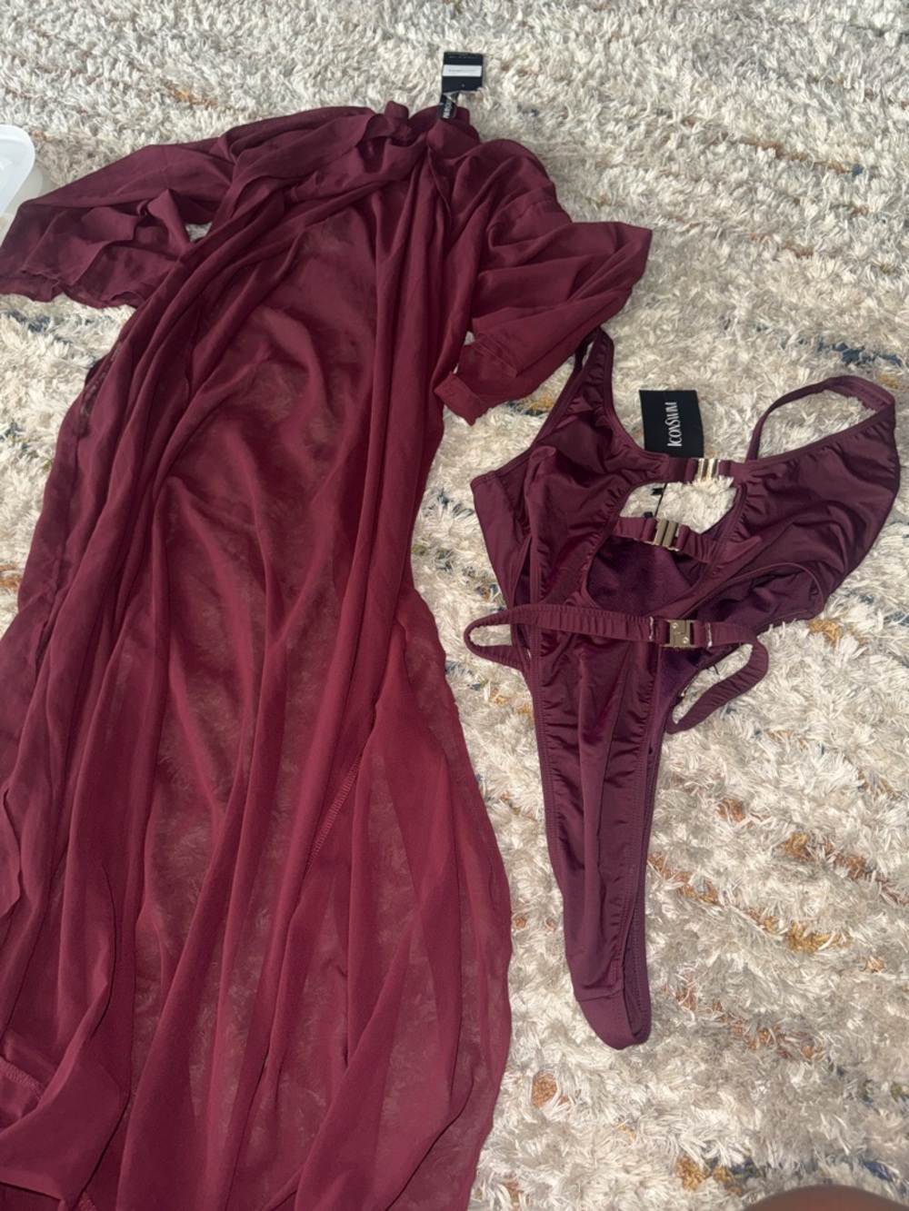 Sheer Burgundy Robe with Matching Strappy Bikini by ICON SWIM